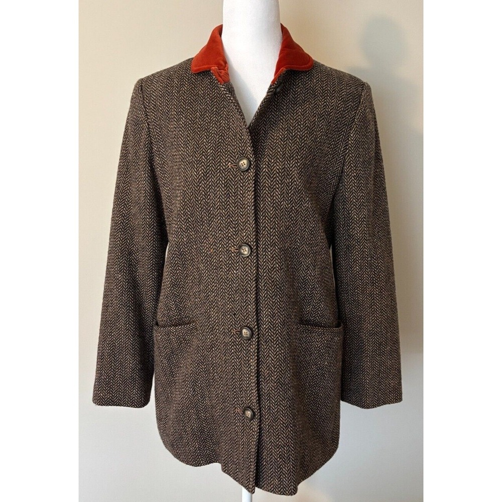 Harve Benard Herringbone Blazer Orange Velvet Collar Brown Wool Blend Jacket